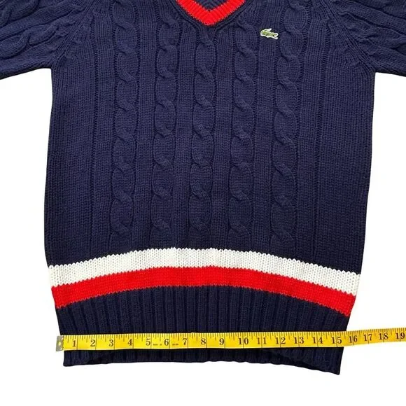 Vintage IZOD LACOSTE Cable Knit V-neck Sweater Blue with Red & White Size XL - Picture 6 of 12